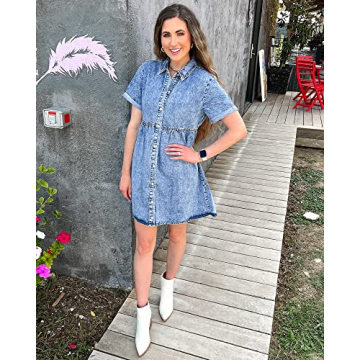 LookbookStore Holiday Dresses for Women 2024 Button Down Dress Casual Women Denim Babydoll Dress Short Midi Summer Dress Oversized Denim Short Dress Bay Blue Size M Babydoll Dress Size 8 10