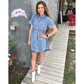 LookbookStore Holiday Dresses for Women 2024 Button Down Dress Casual Women Denim Babydoll Dress Short Midi Summer Dress Oversized Denim Short Dress Bay Blue Size M Babydoll Dress Size 8 10