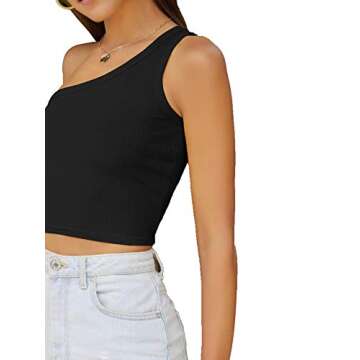 Verdusa Women's Sexy One Shoulder Sleeveless Ribbed Crop Top Black S