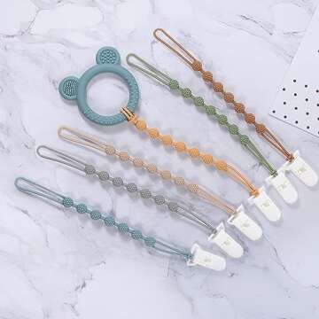 Eascrozn Baby Pacifier Clip, 6 Pack Silicone Pacifier Holder with One Piece Design for Baby Boy and Girl, BPA Free Soft Flexible Paci Binky Clips