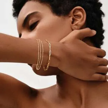 MEVECCO Bracelet for Women Gold Layered Satellite Chain Bead 14K Gold Plated Dainty 3 Layer Simple Jewelry