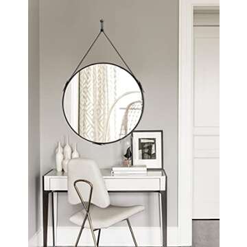 HofferRuffer Round Wall Mirror Decorative Mirror, Hanging Mirror with Hanging Strap Silver Hardware Hooker/Hanger, Diameter 16 inch, Black