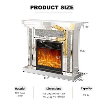 IKIFLY Mirrored Electric Fireplace TV Stand, 7 Colors Changing Mantel Freestanding Heater Corner Fir...