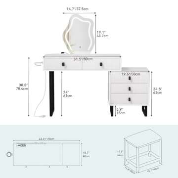 YITAHOME Vanity Set, Makeup Desk with Power Strip, Glamour Table with Tri-Color Touch Control Mirror, Five Storage Drawers