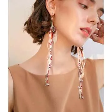 Boho Colorful Feather Feather Dangle Earrings for Women Bohemian Shell Beads Long Tassel Design Drop Earrings