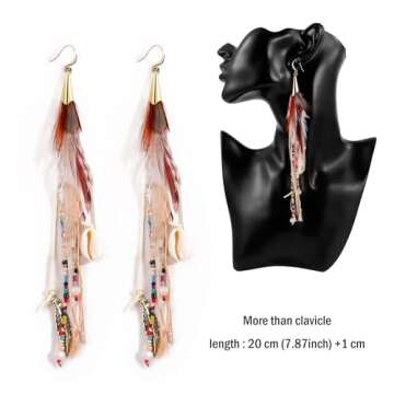 Boho Colorful Feather Feather Dangle Earrings for Women Bohemian Shell Beads Long Tassel Design Drop Earrings