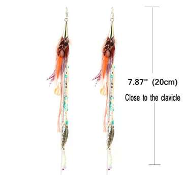 Boho Colorful Feather Feather Dangle Earrings for Women Bohemian Shell Beads Long Tassel Design Drop Earrings