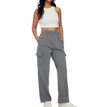 AUTOMET Womens Cargo Sweatpants Baggy Fleece High Waisted Joggers Sweat Pants Athletic Drawstring Casual Wide Leg Loose Fit Fall Pants with Pockets 2025 BlackGrey L