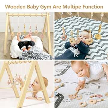 BESFAN Baby Gym with 6 Toys for Babies, Wooden Baby Play Gym for 0-6 Months Newborn Activity Gym Frame for Tummy Time Play Mat, Baby Toys Gift for Toddler Infant