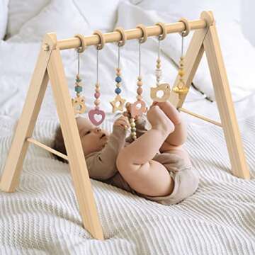BESFAN Baby Gym with 6 Toys for Babies, Wooden Baby Play Gym for 0-6 Months Newborn Activity Gym Frame for Tummy Time Play Mat, Baby Toys Gift for Toddler Infant