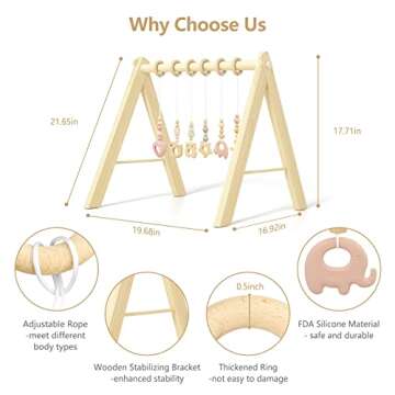 BESFAN Baby Gym with 6 Toys for Babies, Wooden Baby Play Gym for 0-6 Months Newborn Activity Gym Frame for Tummy Time Play Mat, Baby Toys Gift for Toddler Infant