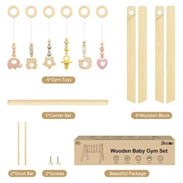 BESFAN Baby Gym with 6 Toys for Babies, Wooden Baby Play Gym for 0-6 Months Newborn Activity Gym Frame for Tummy Time Play Mat, Baby Toys Gift for Toddler Infant