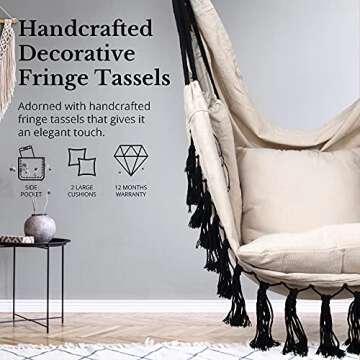 KOMOREBI Hammock Chair - 60" x 47" - Hanging Rope Swing for Indoor & Outdoor - Soft & Durable Cotton Canvas - 2 Cushions Included - Large Macrame Hanging Chair for Bedroom, Patio, Porch (Ivory Black)