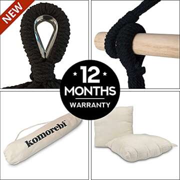 KOMOREBI Hammock Chair - 60" x 47" - Hanging Rope Swing for Indoor & Outdoor - Soft & Durable Cotton Canvas - 2 Cushions Included - Large Macrame Hanging Chair for Bedroom, Patio, Porch (Ivory Black)