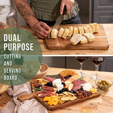 Acacia Wood Cutting Board and Chopping Board with Handle for Meat, Cheese Board, Vegetables, Bread, and Charcuterie - Decorative Wooden Serving Board for Kitchen and Dining Room, Large 17” x 13”