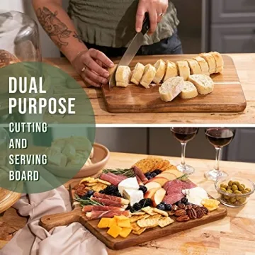Acacia Wood Cutting Board and Chopping Board with Handle for Meat, Cheese Board, Vegetables, Bread, and Charcuterie - Decorative Wooden Serving Board for Kitchen and Dining Room, Large 17” x 13”