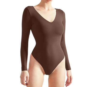SUUKSESS Women Long Sleeve Bodysuit Sexy V Neck with Thong Bottom