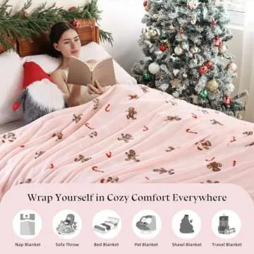 Pink Gingerbread Christmas Throw Blankets, Thick Warm Fleece Blanket for Winter Couch Sofa Bed Home Décor, Luxury Soft Cozy Plush Fuzzy Microfiber Flannel, 50x60 inches