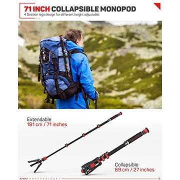 IFOOTAGE Cobra 3 Carbon Fiber Monopod with Pedal, 71" Professional Monopod for Cameras, Portable Travel Monopod with Feet, Max Load 17.64 lbs, Compatible with Sony Canon Nikon DSLR Camera, C180F-P