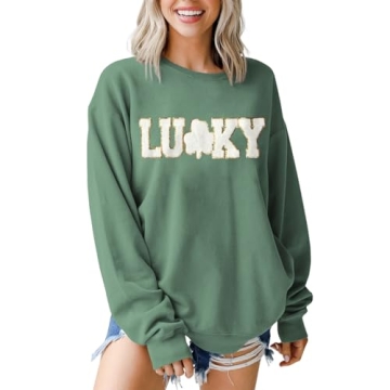 Boutikome St Patricks Day Lucky Sweatshirts Women Sequin Glitter Patch Shamrock Shirt Chenille Overs...