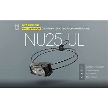 NITECORE NU25 400 UL Ultra Lightweight Headlamp, 400 Lumen USB-C Rechargeable with Lumentac Organize...