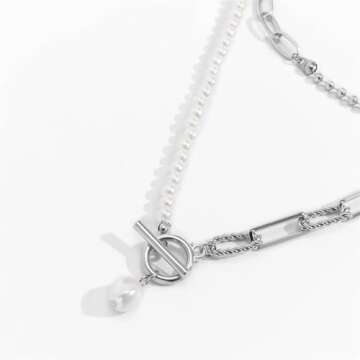 Dainty Layered Baroque Pearl OT Clasp Necklace for Women,Vintage Paperclip Pearl Chain Choker Necklace Adjustable Beaded Ball Chain Fashion Retro Charm Jewelry (Silver)