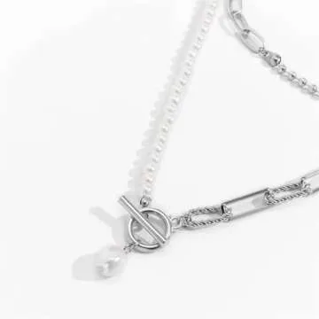 Dainty Layered Baroque Pearl OT Clasp Necklace for Women,Vintage Paperclip Pearl Chain Choker Necklace Adjustable Beaded Ball Chain Fashion Retro Charm Jewelry (Silver)