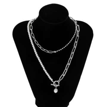 Dainty Layered Baroque Pearl OT Clasp Necklace for Women,Vintage Paperclip Pearl Chain Choker Necklace Adjustable Beaded Ball Chain Fashion Retro Charm Jewelry (Silver)