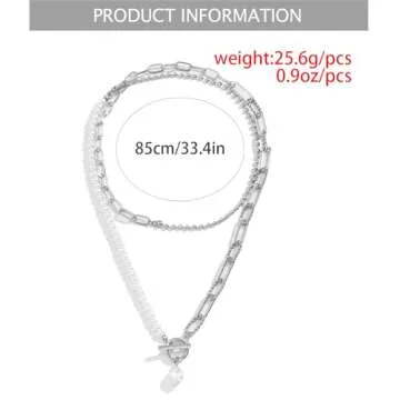 Dainty Layered Baroque Pearl OT Clasp Necklace for Women,Vintage Paperclip Pearl Chain Choker Necklace Adjustable Beaded Ball Chain Fashion Retro Charm Jewelry (Silver)