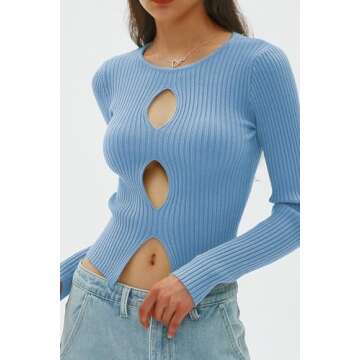 CHYRII Womens Sexy Fall Fashion Cutout Tops Ribbed Knit Winter Pullover Sweater Going Out Crop Tops Blue M