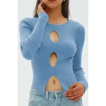 CHYRII Womens Sexy Fall Fashion Cutout Tops Ribbed Knit Winter Pullover Sweater Going Out Crop Tops Blue M