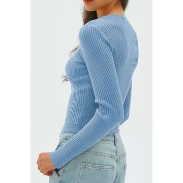CHYRII Womens Sexy Fall Fashion Cutout Tops Ribbed Knit Winter Pullover Sweater Going Out Crop Tops Blue M