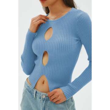 CHYRII Womens Sexy Fall Fashion Cutout Tops Ribbed Knit Winter Pullover Sweater Going Out Crop Tops Blue M