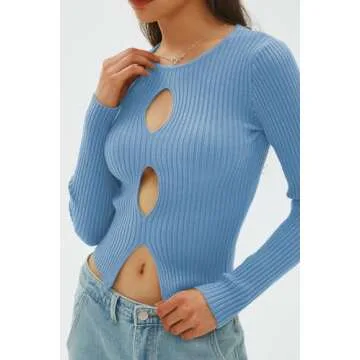 CHYRII Womens Sexy Fall Fashion Cutout Tops Ribbed Knit Winter Pullover Sweater Going Out Crop Tops Blue M