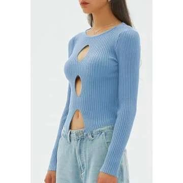 CHYRII Womens Sexy Fall Fashion Cutout Tops Ribbed Knit Winter Pullover Sweater Going Out Crop Tops Blue M
