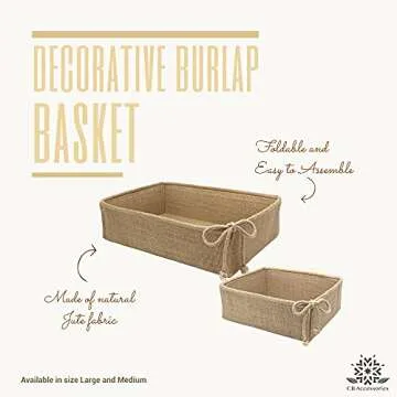 CB Accessories Decorative Basket Rectangular Burlap Fabric Storage Bin Collapsible Organizer for Home, Decor and Gifts (Large 14 x 9.75 x 4 inches)