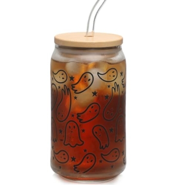 WODOHOLO Halloween Ghosts Iced Coffee Can Glass - Perfect 16oz Tumbler with Lid & Straw for Festive ...