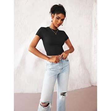 TECREW Womens Summer Short Sleeve Cute Crop Tops Casual Basic Crewneck Slim Fit T-Shirts, Black, Small