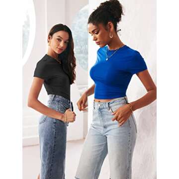 TECREW Womens Summer Short Sleeve Cute Crop Tops Casual Basic Crewneck Slim Fit T-Shirts, Black, Small
