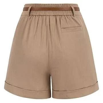 Ladies Khaki High Waisted Shorts with Pockets Wide Leg Casual Bermuda Shorts (Khaki, M)