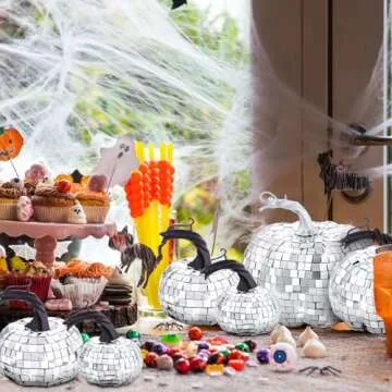 Lenwen 12 Pcs Artificial Disco Pumpkin Glitter Mirror Pumpkin Fall Farmhouse Hanging Ornament Harvest Pumpkin Decoration for Thanksgiving Decorating Table Centerpiece(Sliver)