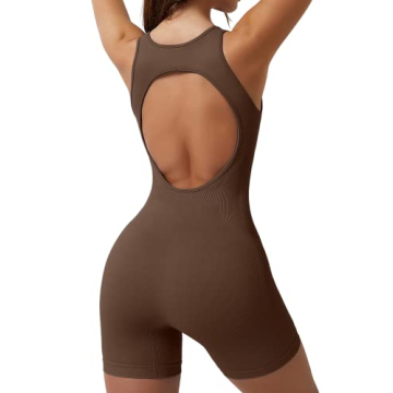 QINSEN Women's One Piece Short Jumpsuit Open Back Sleeveless GYM Workout Summer Unitard Brown L