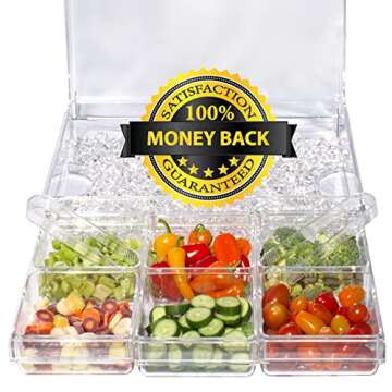 ImpiriLux Ice Chilled Six Compartment Condiment Server Caddy - Serving Tray Container with 6 Removable Dishes Each with 3.5 Cup Capacity | Domed Hinged Lid | 4 Serving Spoons + 4 Tongs Included