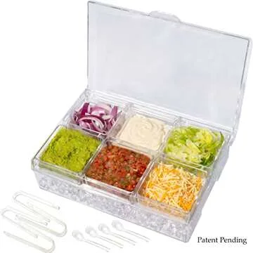 ImpiriLux Ice Chilled Six Compartment Condiment Server Caddy - Serving Tray Container with 6 Removable Dishes Each with 3.5 Cup Capacity | Domed Hinged Lid | 4 Serving Spoons + 4 Tongs Included