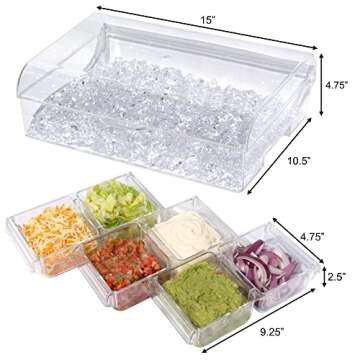 ImpiriLux Ice Chilled Six Compartment Condiment Server Caddy - Serving Tray Container with 6 Removable Dishes Each with 3.5 Cup Capacity | Domed Hinged Lid | 4 Serving Spoons + 4 Tongs Included