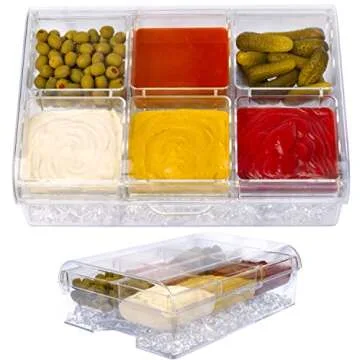 ImpiriLux Ice Chilled Six Compartment Condiment Server Caddy - Serving Tray Container with 6 Removable Dishes Each with 3.5 Cup Capacity | Domed Hinged Lid | 4 Serving Spoons + 4 Tongs Included