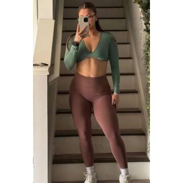 Aoxjox Long Sleeve Crop Tops for Women Sienna Twist Deep V Workout Cropped T Shirt Top (Sage Green, Medium)