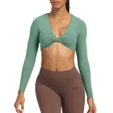 Aoxjox Long Sleeve Crop Tops for Women Sienna Twist Deep V Workout Cropped T Shirt Top (Sage Green, Medium)