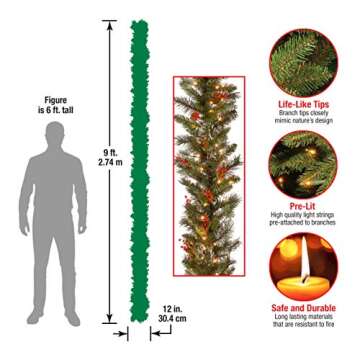 National Tree Company Pre-Lit Artificial Christmas Garland, Green, Wintry Pine, White Lights, Decorated with Pine Cones, Berry Clusters, Plug In, Christmas Collection, 9 Feet