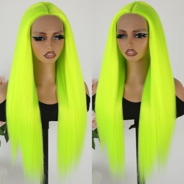 Maycaur Green Lace Front Wigs Long Straight Hair 24 Inch Lime Green Color Wigs for Fashion Women Glu...